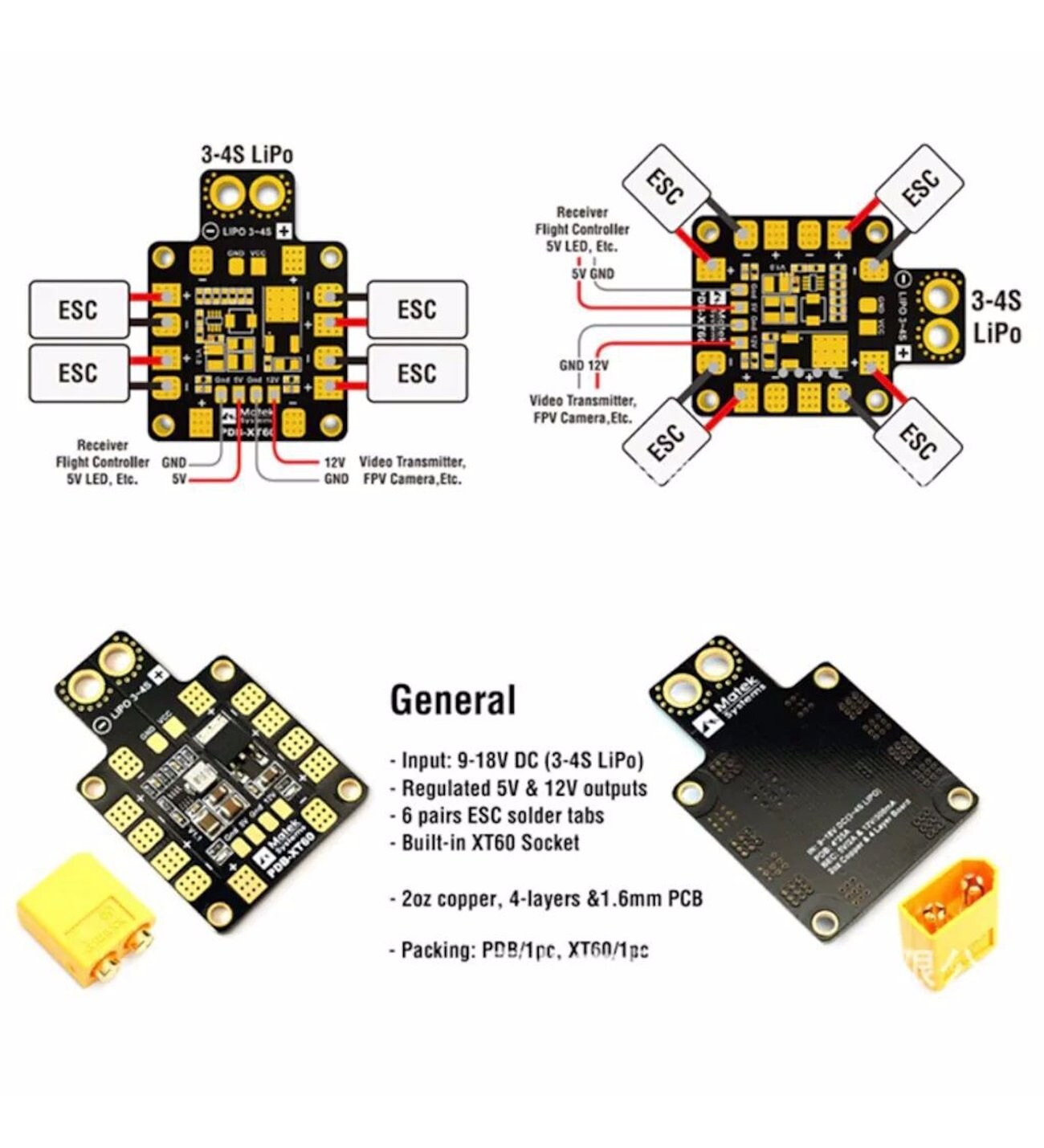 Matek%20PDB%20ESC%20Güç%20Dağıtım%20Kartı%20XT60%20Konnektörlü